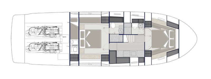 Lower deck layout – version A – of the Bluegame BG54 yacht. This configuration features a spacious full-beam owner’s cabin amidships, a VIP cabin forward, and a twin guest cabin portside aft. The layout includes two bathrooms, a central galley area, and an aft engine room.