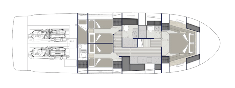 Lower deck layout – version B – of the Bluegame BG54 yacht. This alternative configuration offers four guest cabins: a forward VIP cabin, two symmetrical twin cabins amidships, and one twin cabin aft. The layout includes two bathrooms, a central galley and storage space, and an aft engine room.