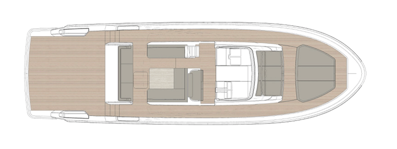 Top-down layout of the main deck of the Bluegame BG54 yacht, featuring an open aft deck, central dining area with sofas and table, helm station, and large sunpad at the bow.